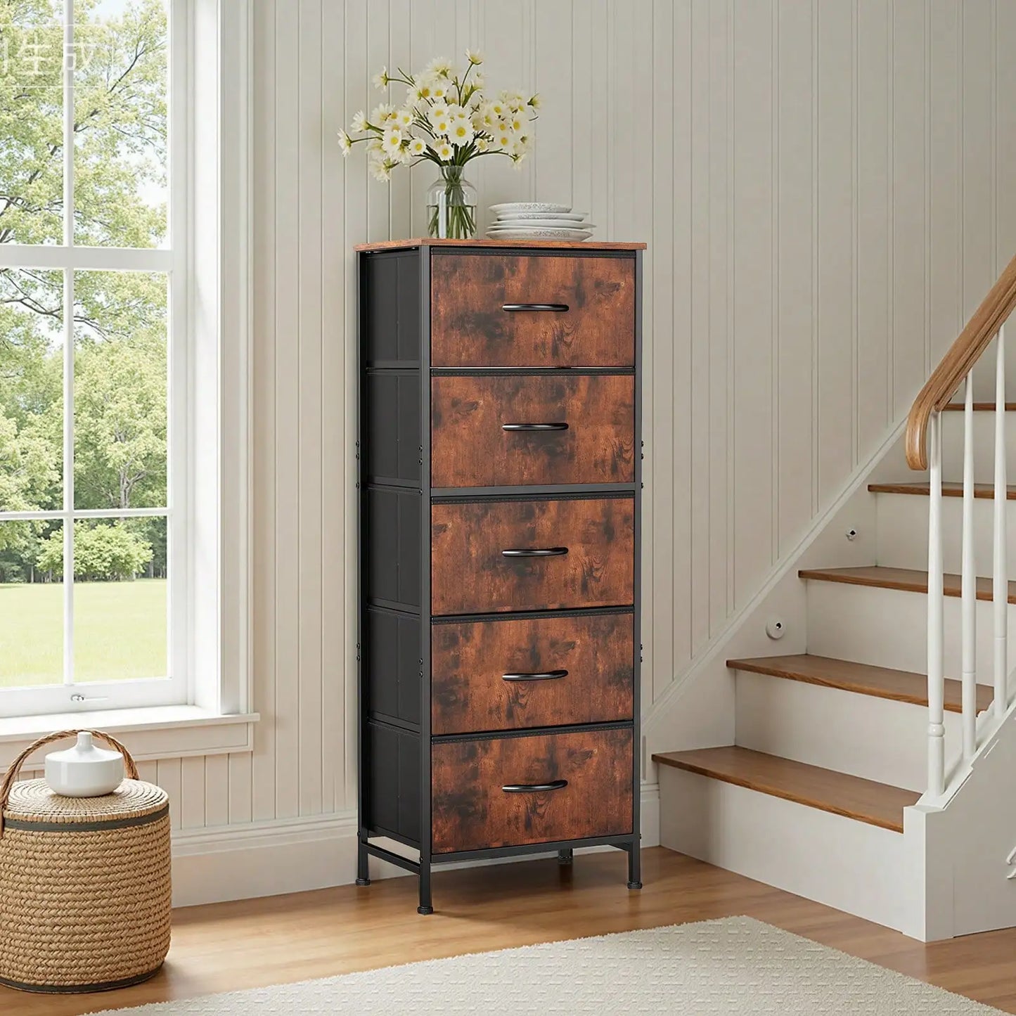 Fabric Storage Dresser With Wooden Top And Steel Frame Unit