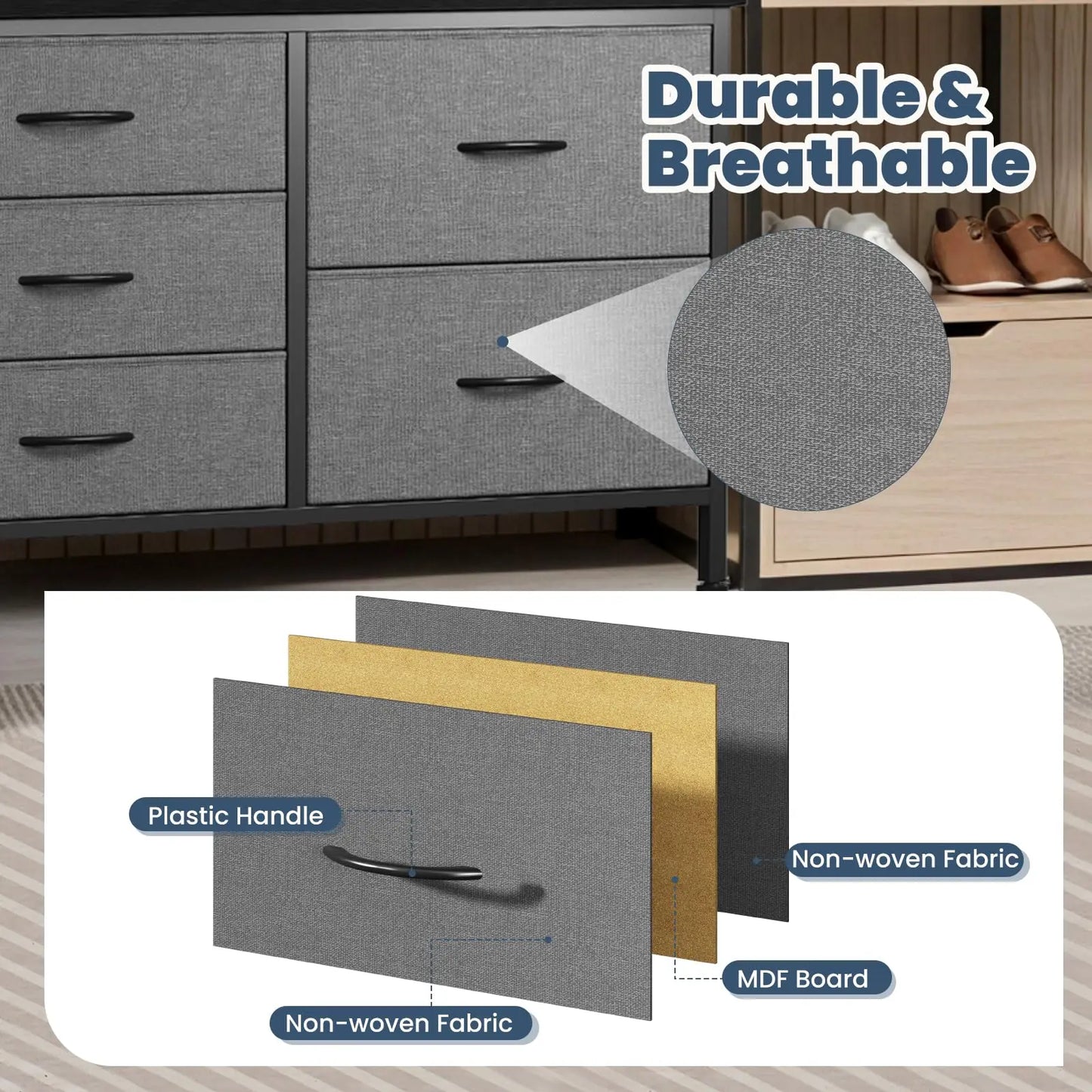 JHK Modern Fabric Storage Dresser With Five Metal Drawers