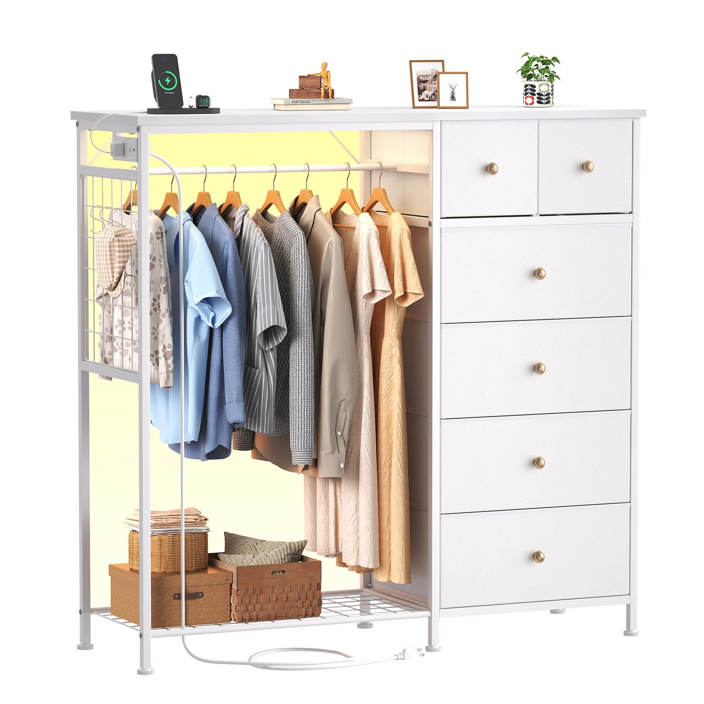 JHK Modern Fabric Dresser With Hanging Rack And LED Lights
