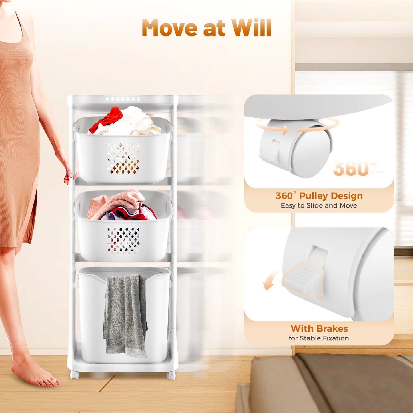Bymaocar 3 Tier Rolling Laundry Hamper With Detachable Compartments