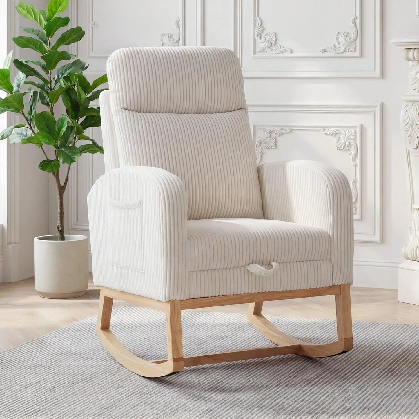 Tufted Corduroy Rocking Chair With Adjustable Footrest And Side Pocket