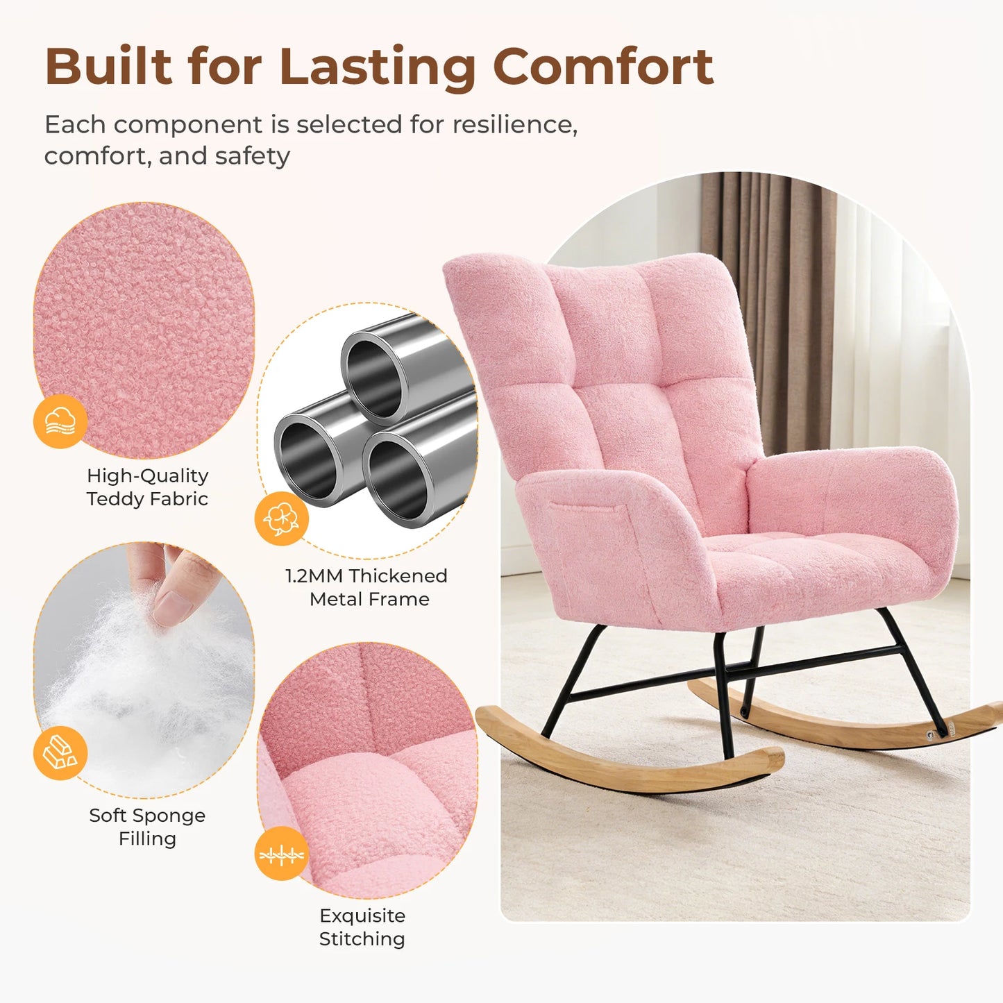 JHK Saucer Rocking Chair With High Backrest And Padded Seat