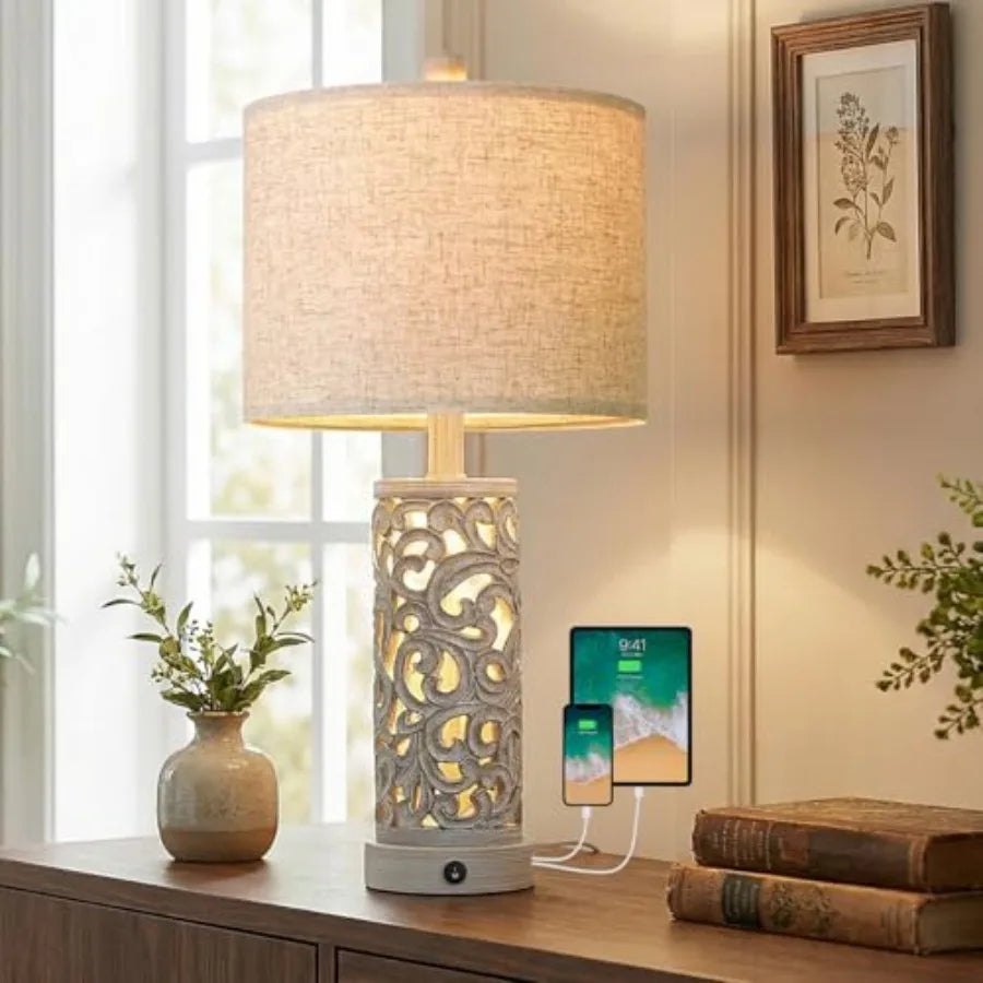 Farmhouse Table Lamp With Dual USB Ports And Linen Shade