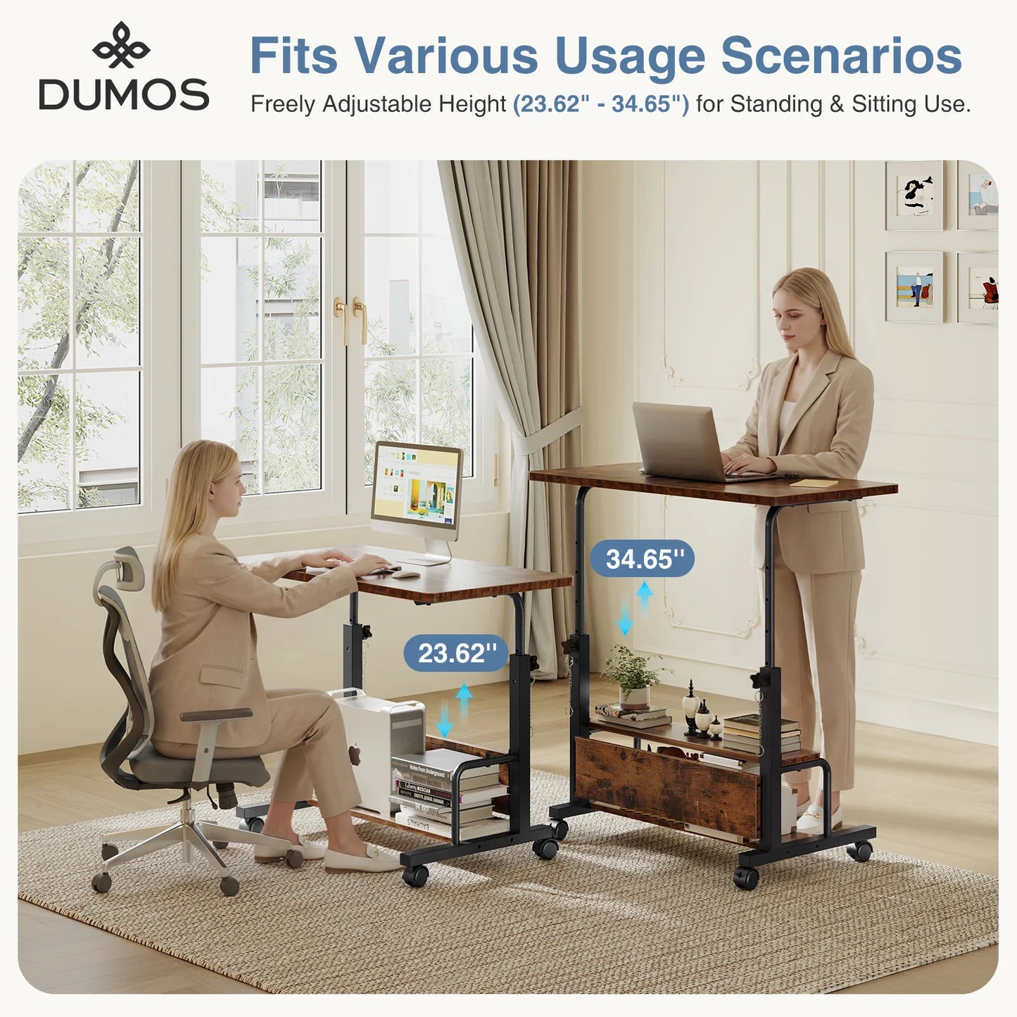 JHK Adjustable Height Mobile Standing Desk With Metal Frame