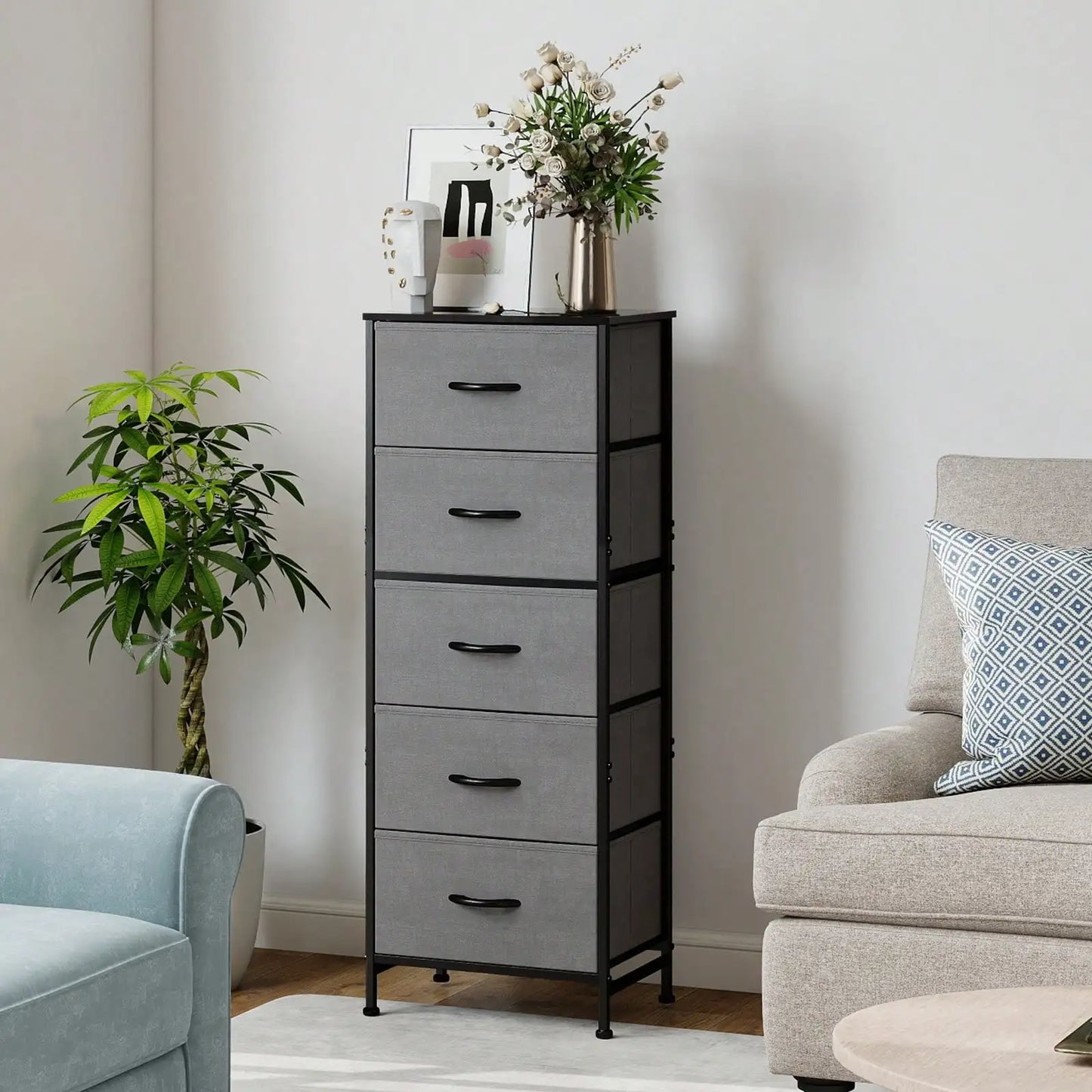 Fabric Storage Dresser With Wooden Top And Steel Frame Unit