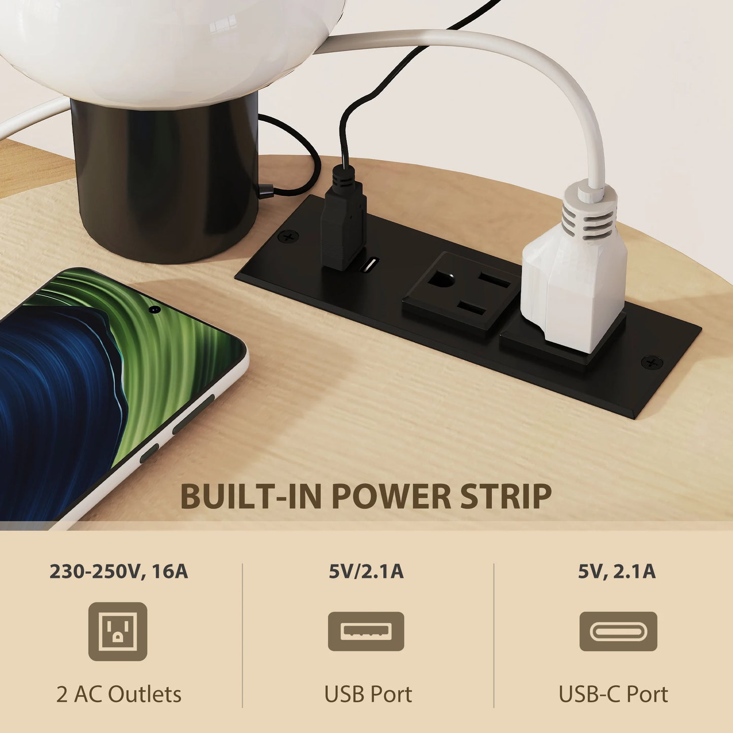 HOMCOM Round Side Table With USB Charging Station And Shelf