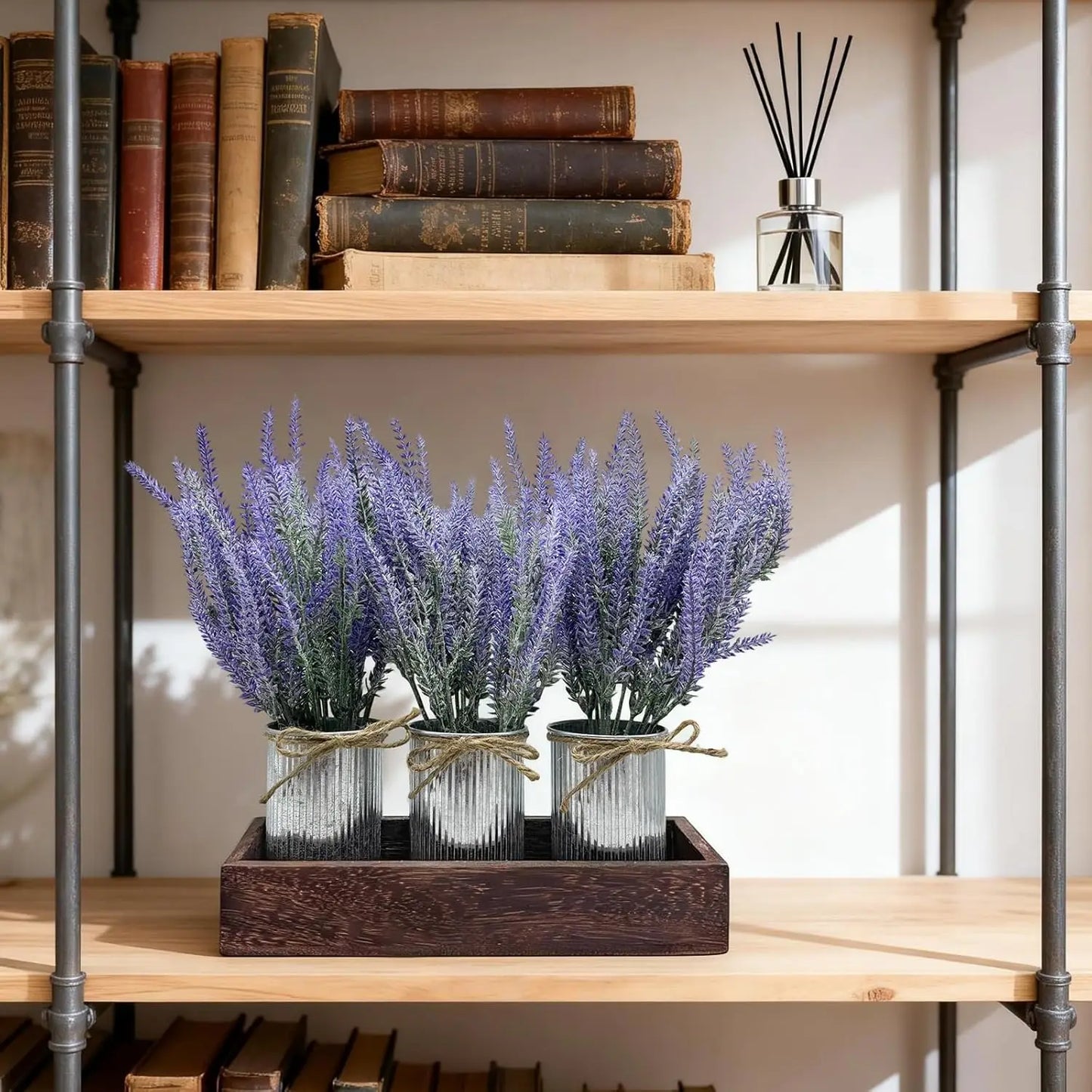 HiMISS Artificial Lavender Flowers With Wood Tray Centerpiece Set