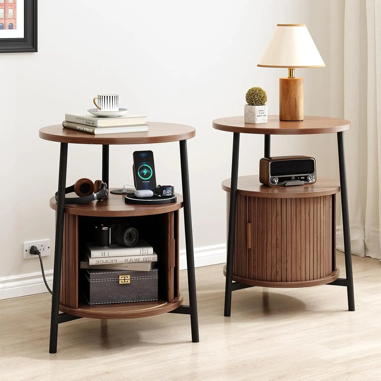 ONBRILL Fluted Round Nightstands Set of 2 Modern Wooden Tables
