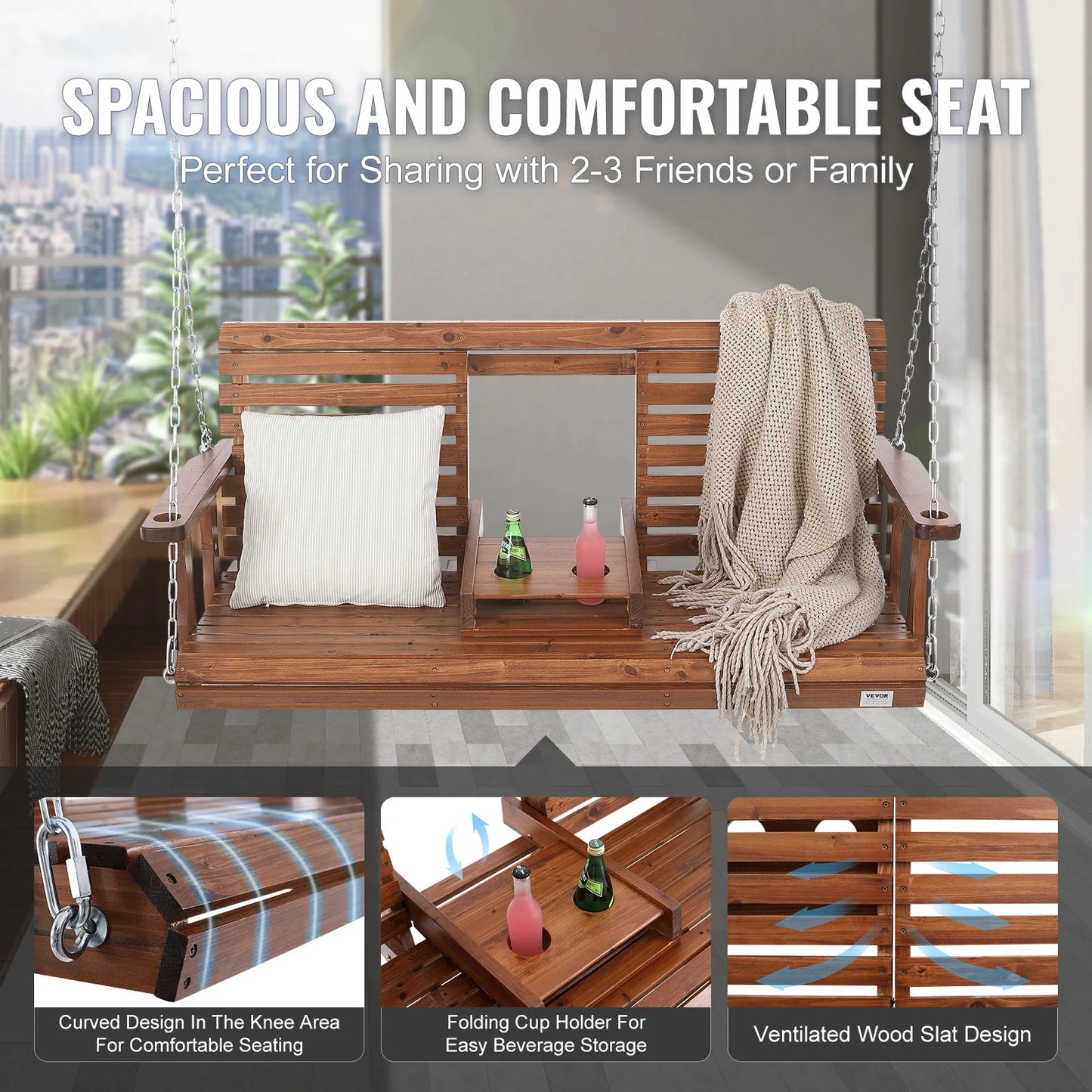 SucceBuy Cedar Wood Porch Swing For Outdoor Patio Bench