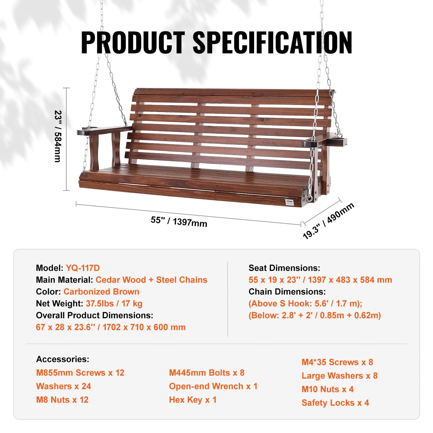 SucceBuy Cedar Wood Porch Swing For Outdoor Patio Bench
