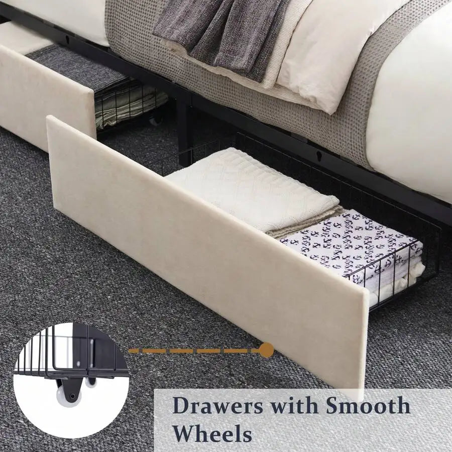 Velvet Upholstered Bed Frame With Four Storage Drawers And Adjustable Headboard