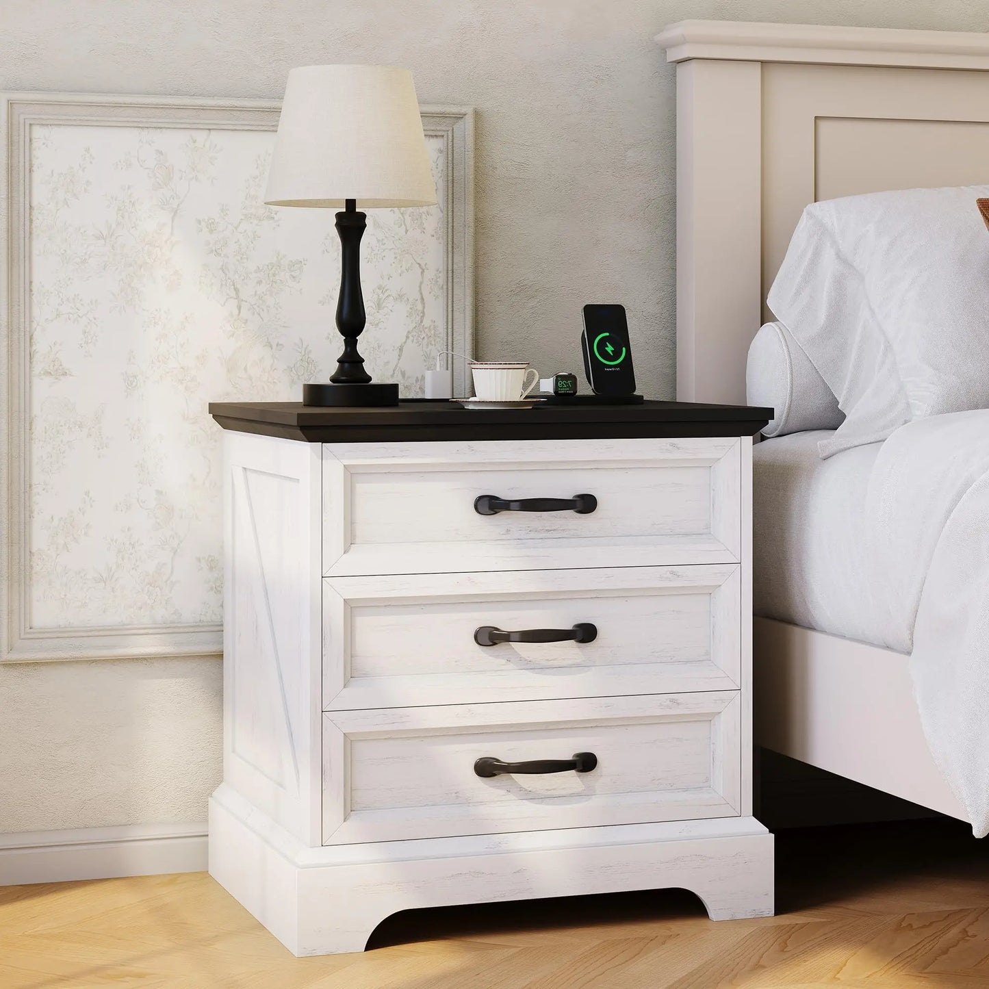 Modern Farmhouse Wood Nightstand With Charging Station And Drawer Storage