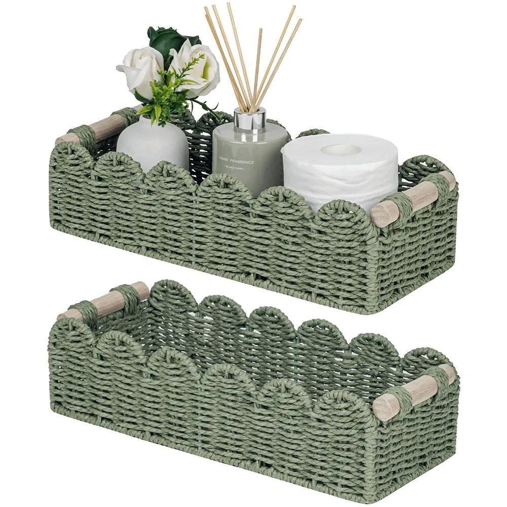 Decorative Scalloped Wicker Basket With Handle Bathroom Storage