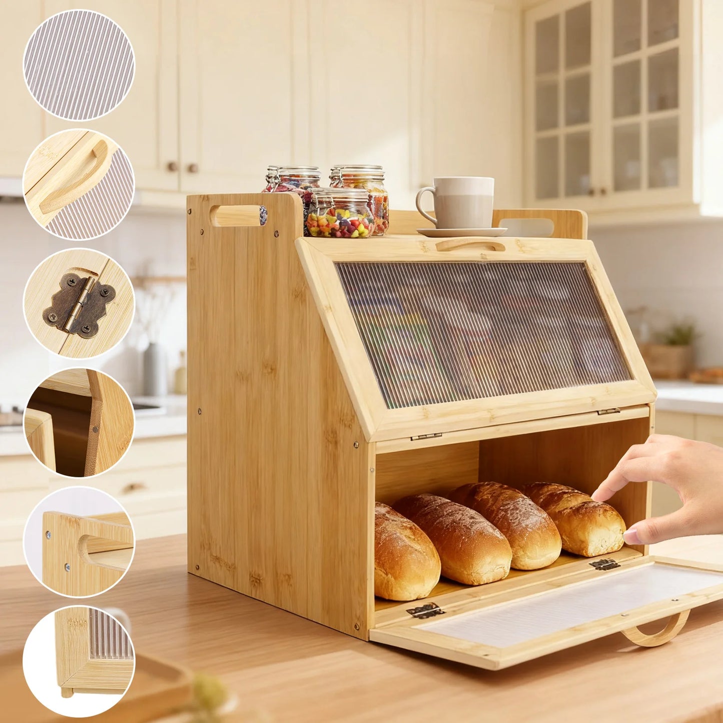 Double Layer Wooden Bread Storage Box For Kitchen Countertop