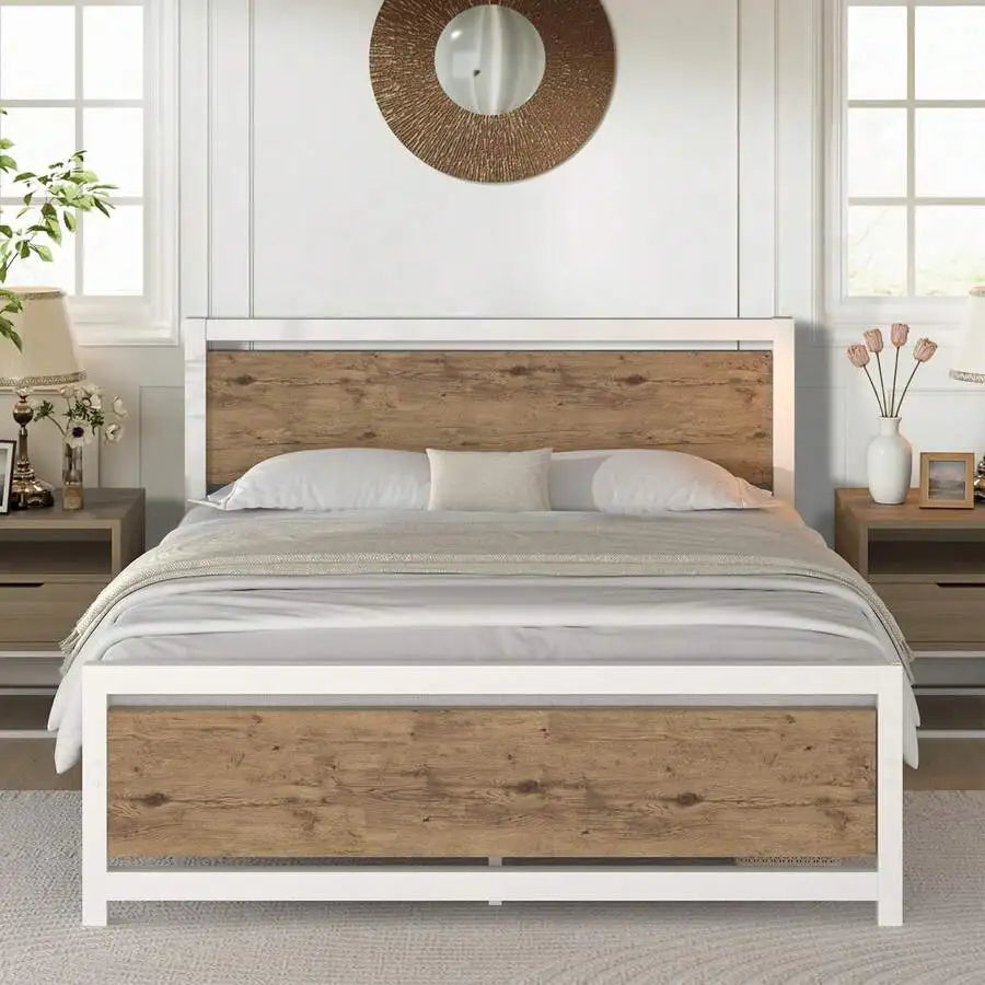 Farmhouse Metal Bed Frame With Wooden Headboard Easy Assembly