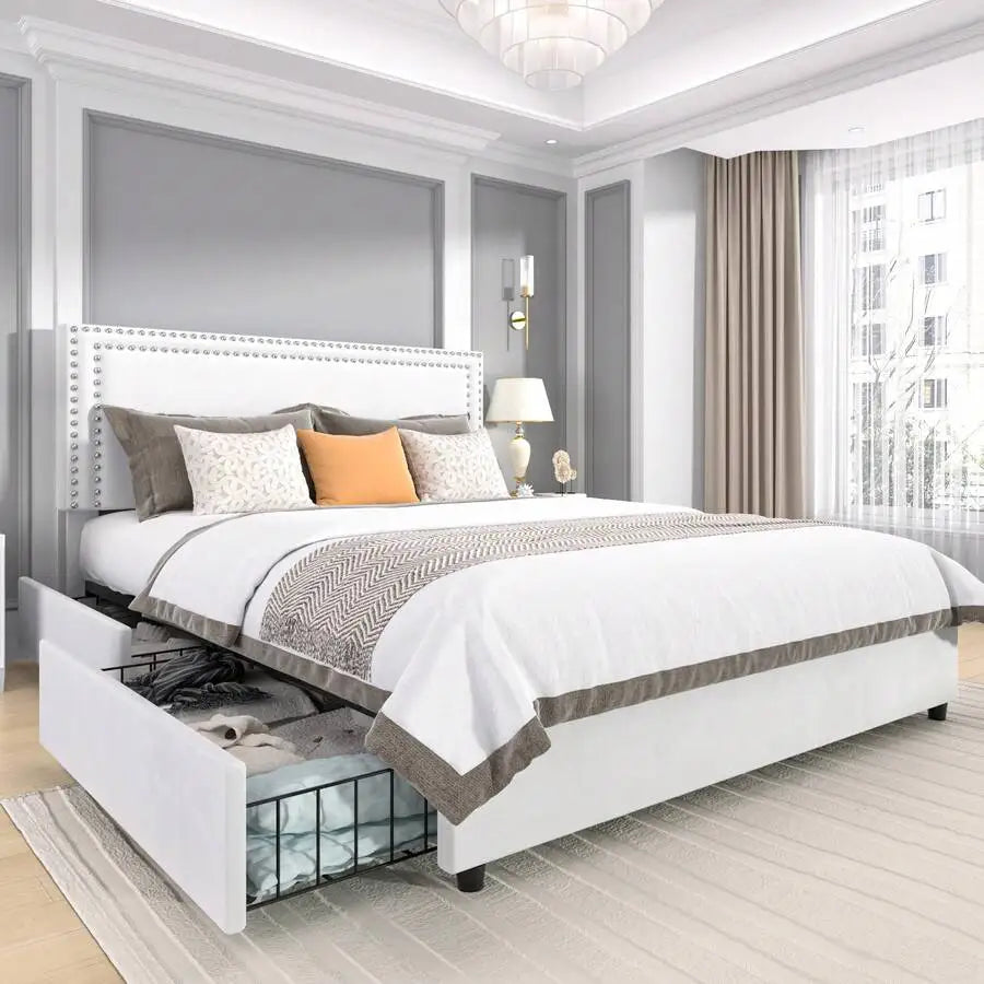 Velvet Upholstered Bed Frame With Four Storage Drawers And Adjustable Headboard