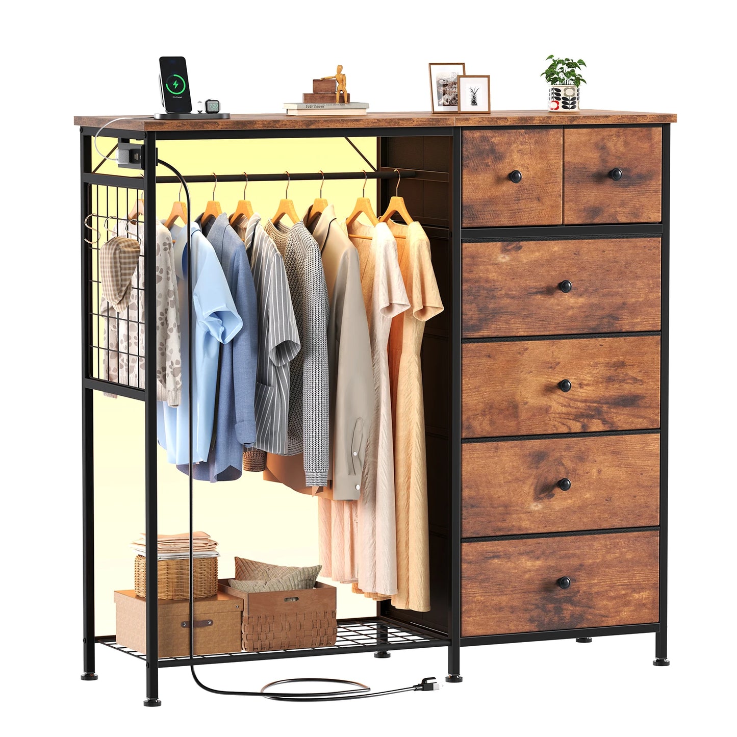JHK Modern Fabric Dresser With Hanging Rack And LED Lights