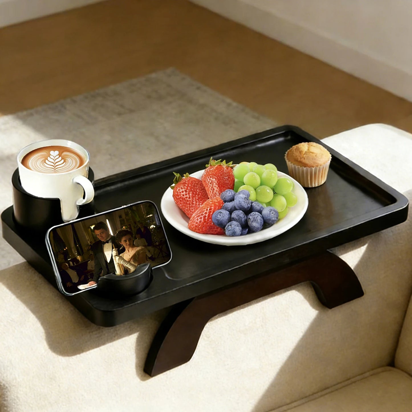 JHK Foldable Sofa Armrest Tray With Phone And Cup Holder