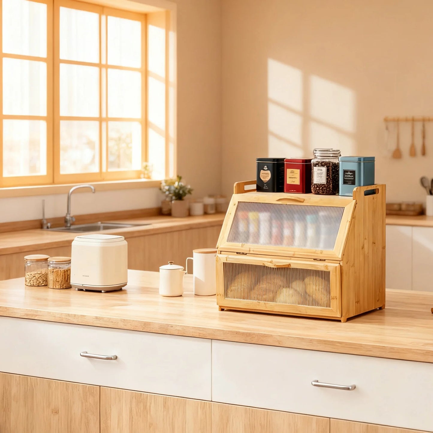 Double Layer Wooden Bread Storage Box For Kitchen Countertop