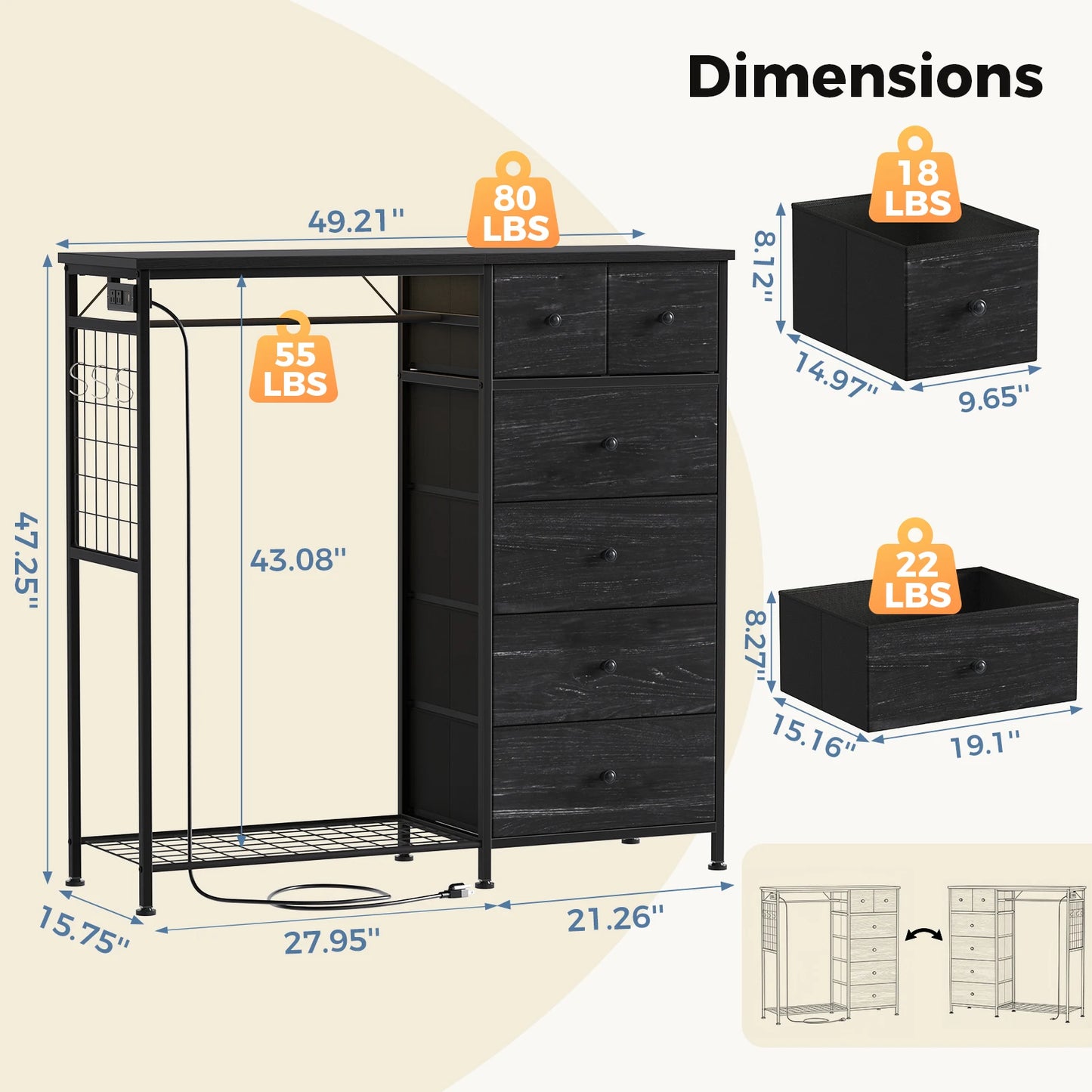 JHK Modern Fabric Dresser With Hanging Rack And LED Lights