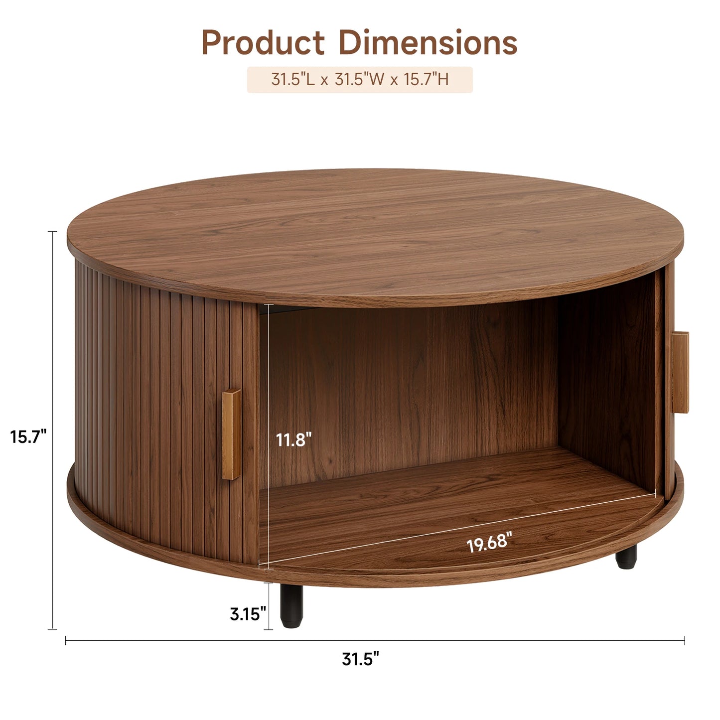 Onbrill Modern Fluted Wood Round Coffee Table With Storage