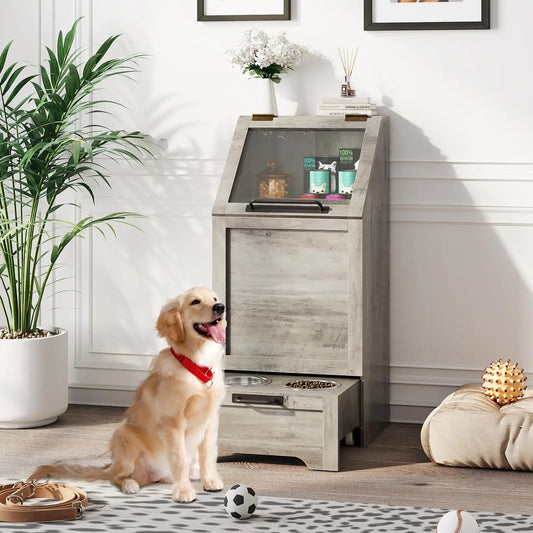 Elevated Dog Feeding Station with Food Storage Cabinet and Bowls