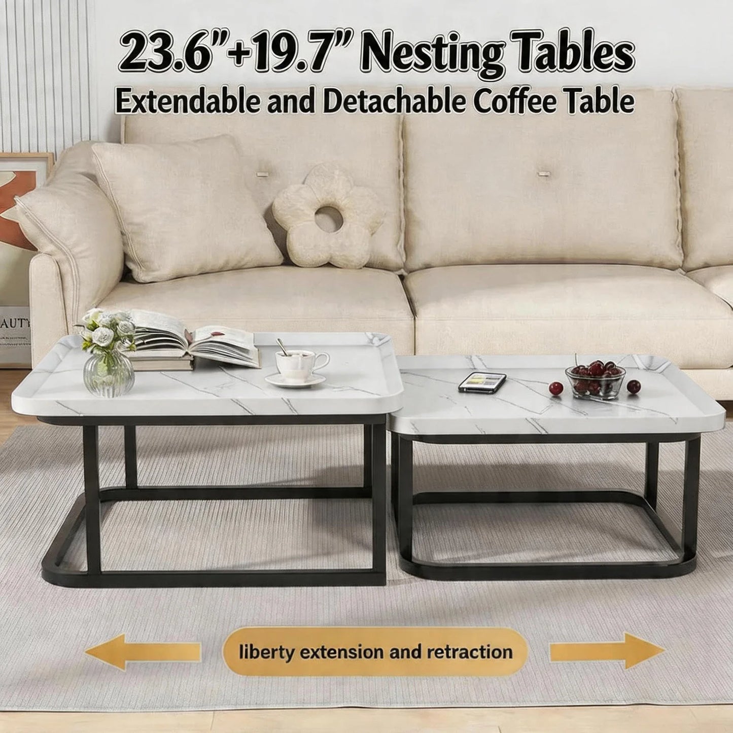 HiMISS Square Fluted Nesting Coffee Tables Set of Two