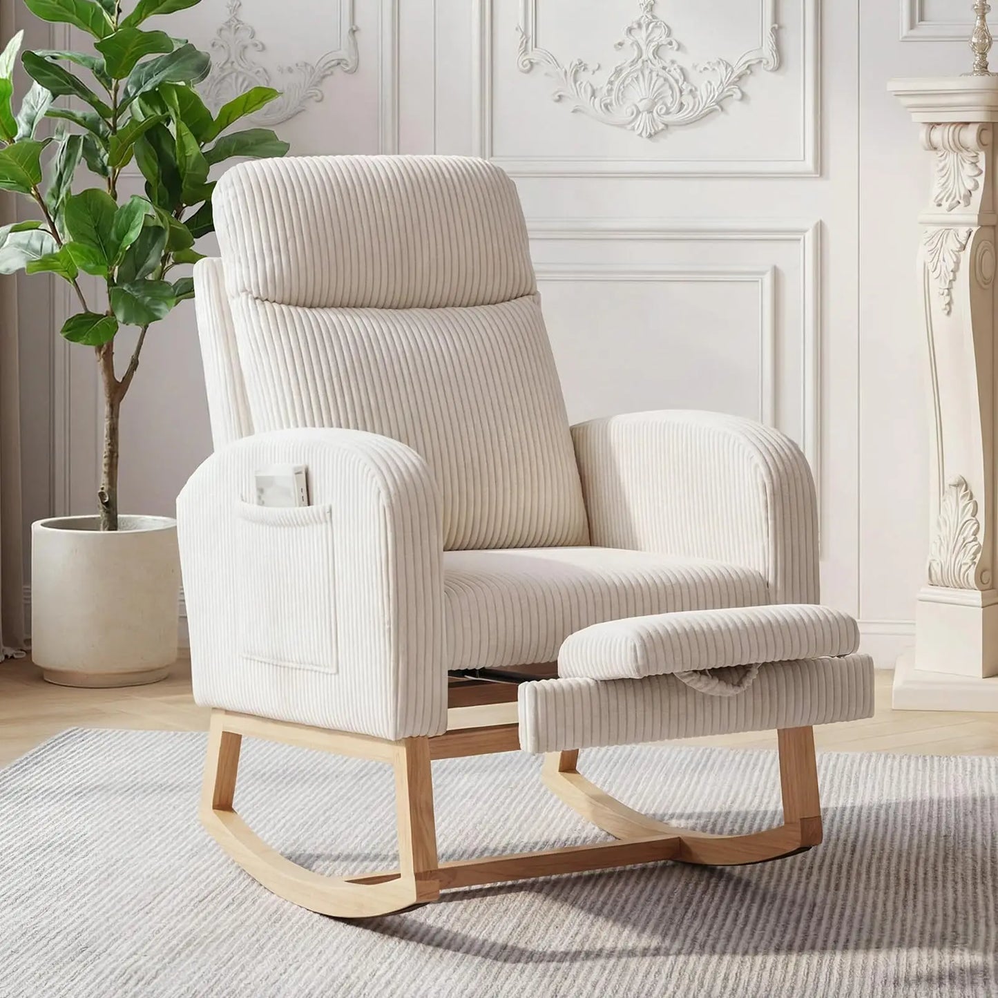 Tufted Corduroy Rocking Chair With Adjustable Footrest And Side Pocket