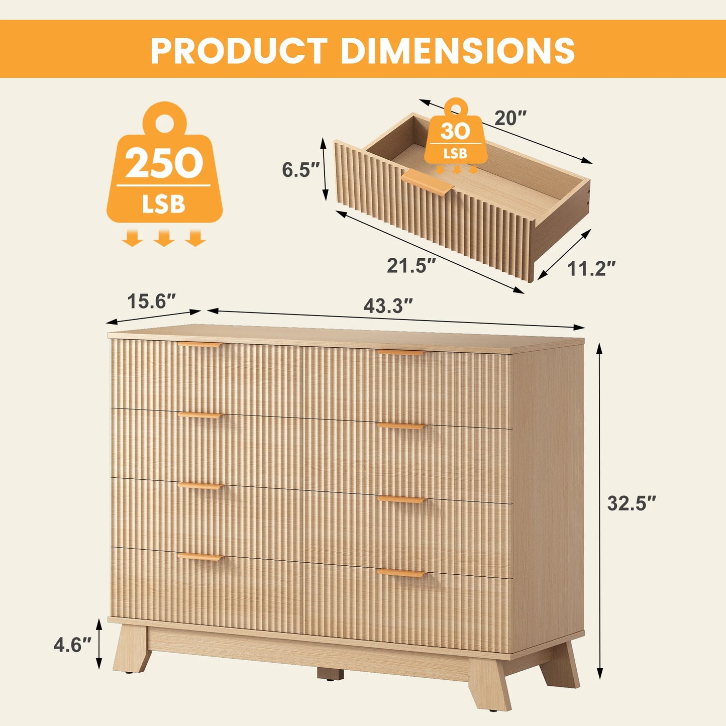 Jhk Fluted Wooden Modern Cabinet With Eight Drawer Storage