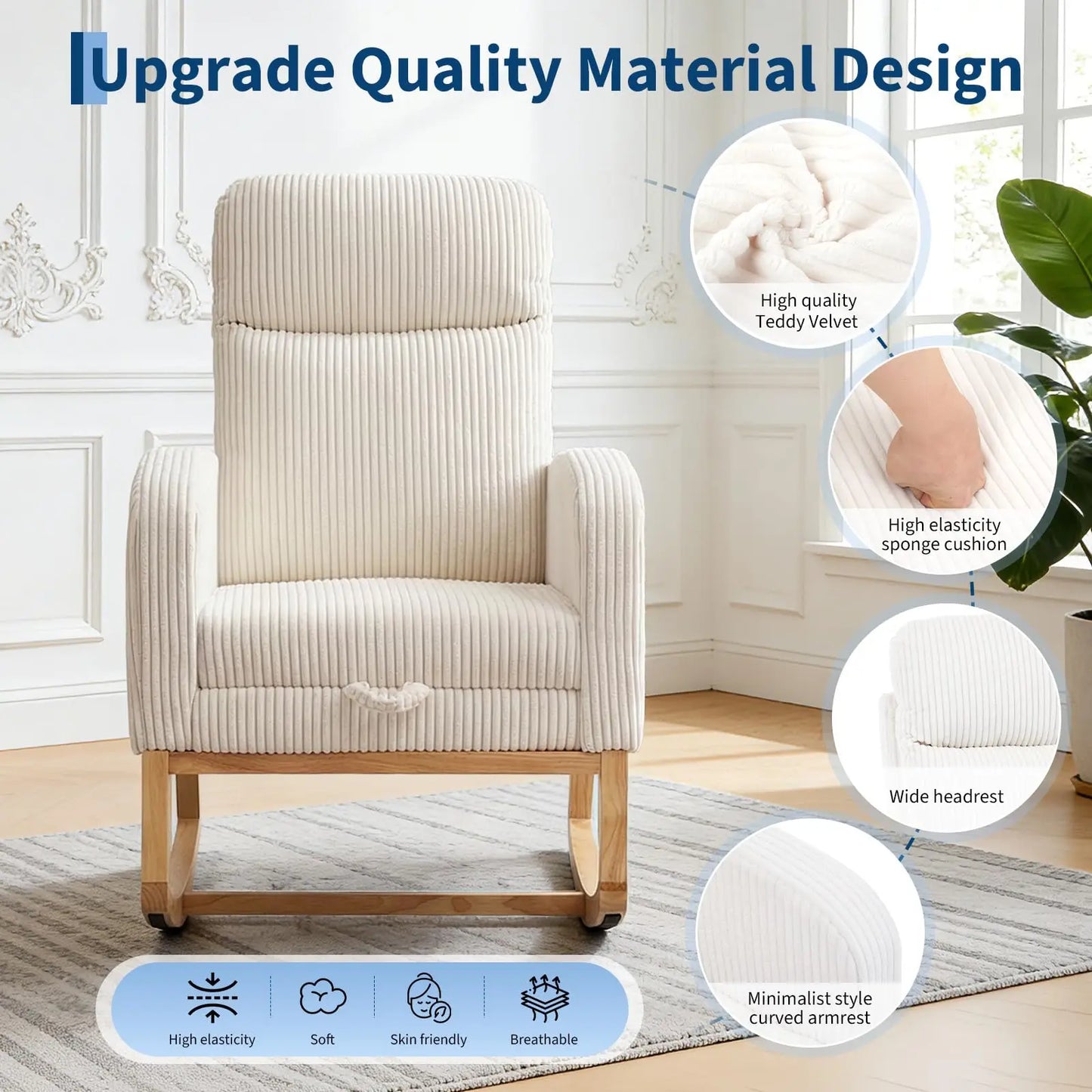 Tufted Corduroy Rocking Chair With Adjustable Footrest And Side Pocket