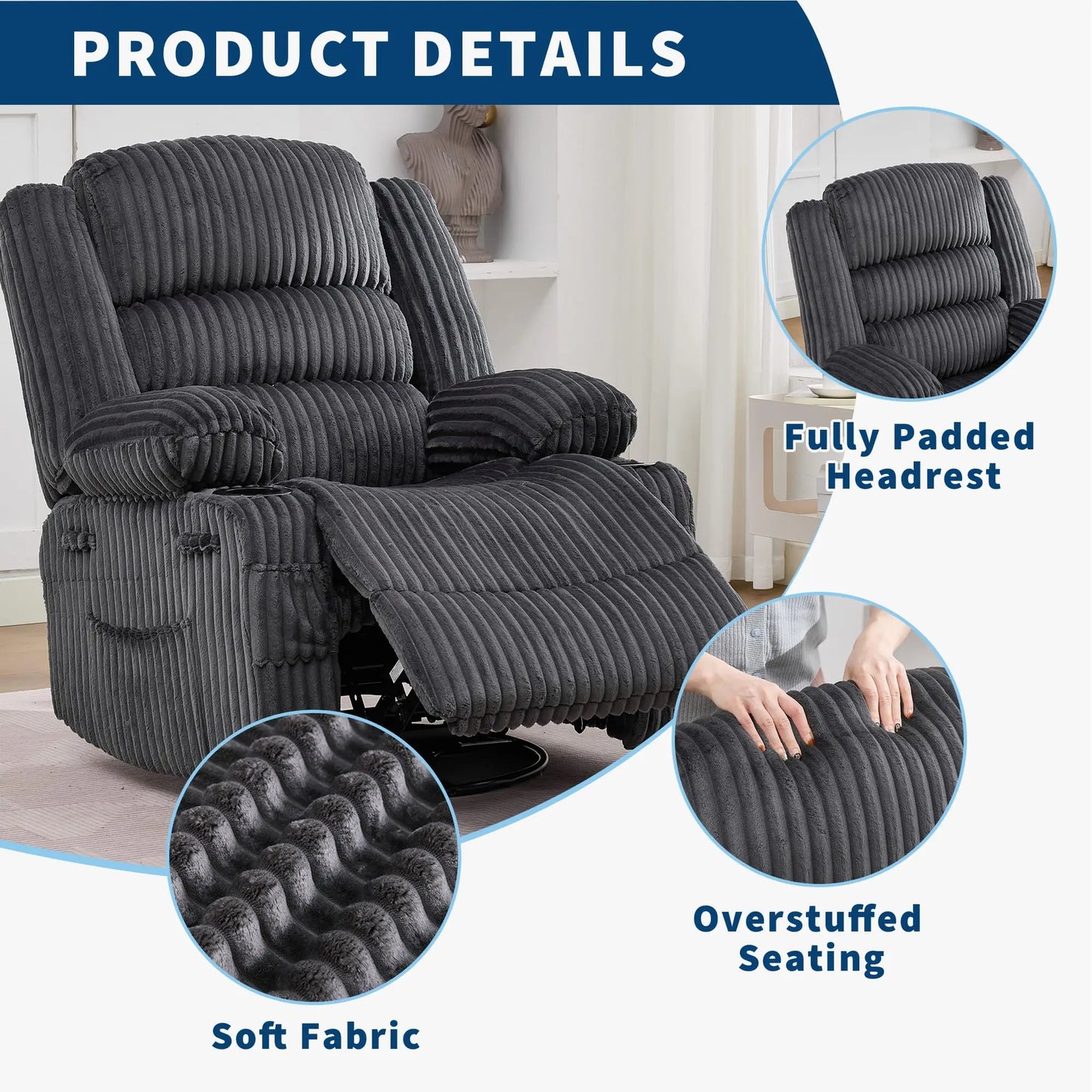 HiMISS 360 Swivel Rocking Recliner Chair With Deep Corduroy Seat