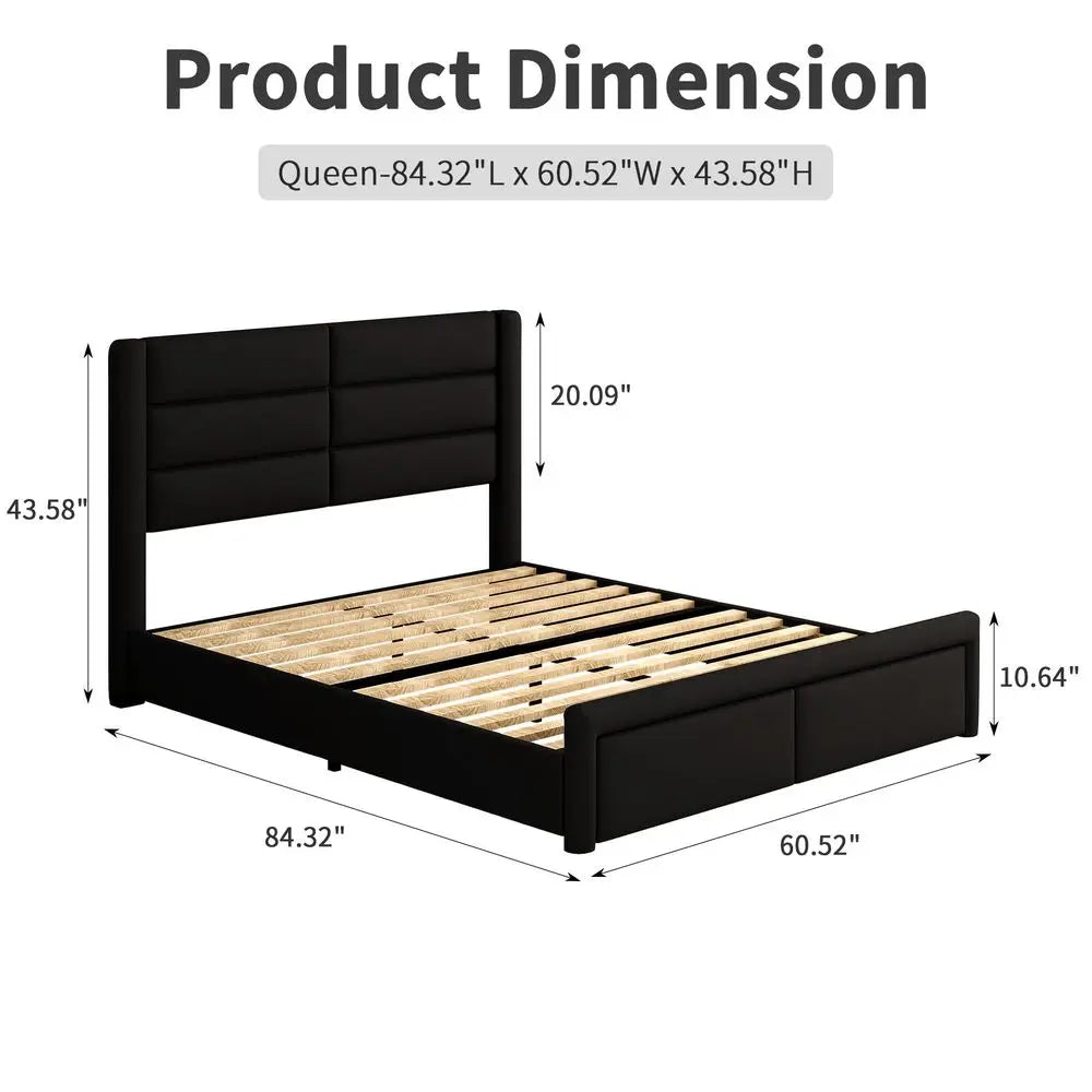 Upholstered Bed Frame With Headboard LED Lights And Wood Slats