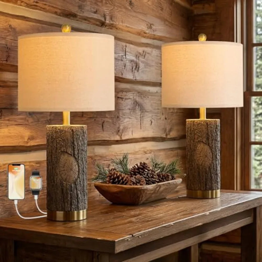 Rustic Bark Solar Table Lamps With Gold Base And Usb Ports