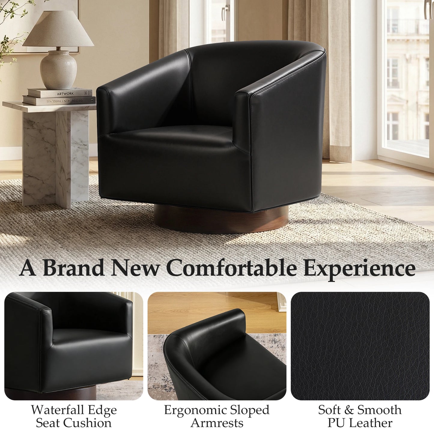 Kerdom Modern Wooden Barrel Accent Chair With Swivel Base
