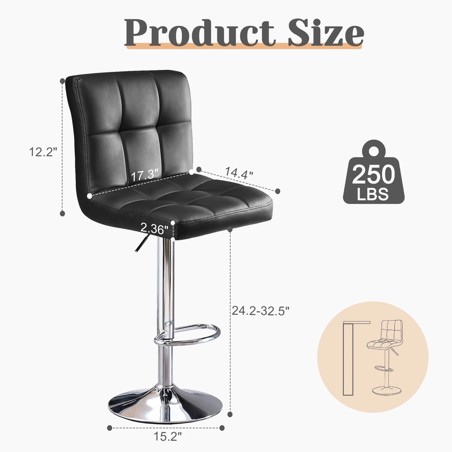 JHK PU Leather Bar Stools Featuring Padded Metal Backrest