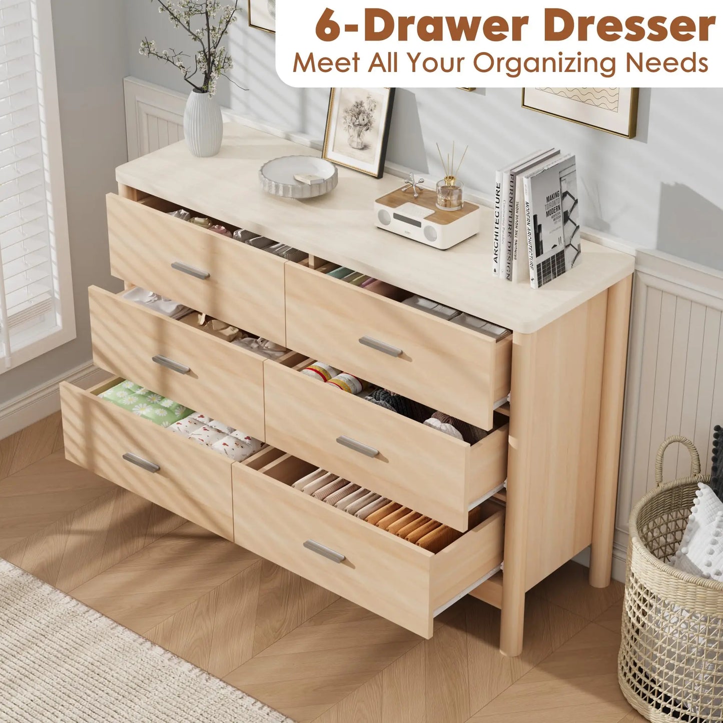 HiMISS 6 Drawer Wooden Dresser and TV Storage Cabinet