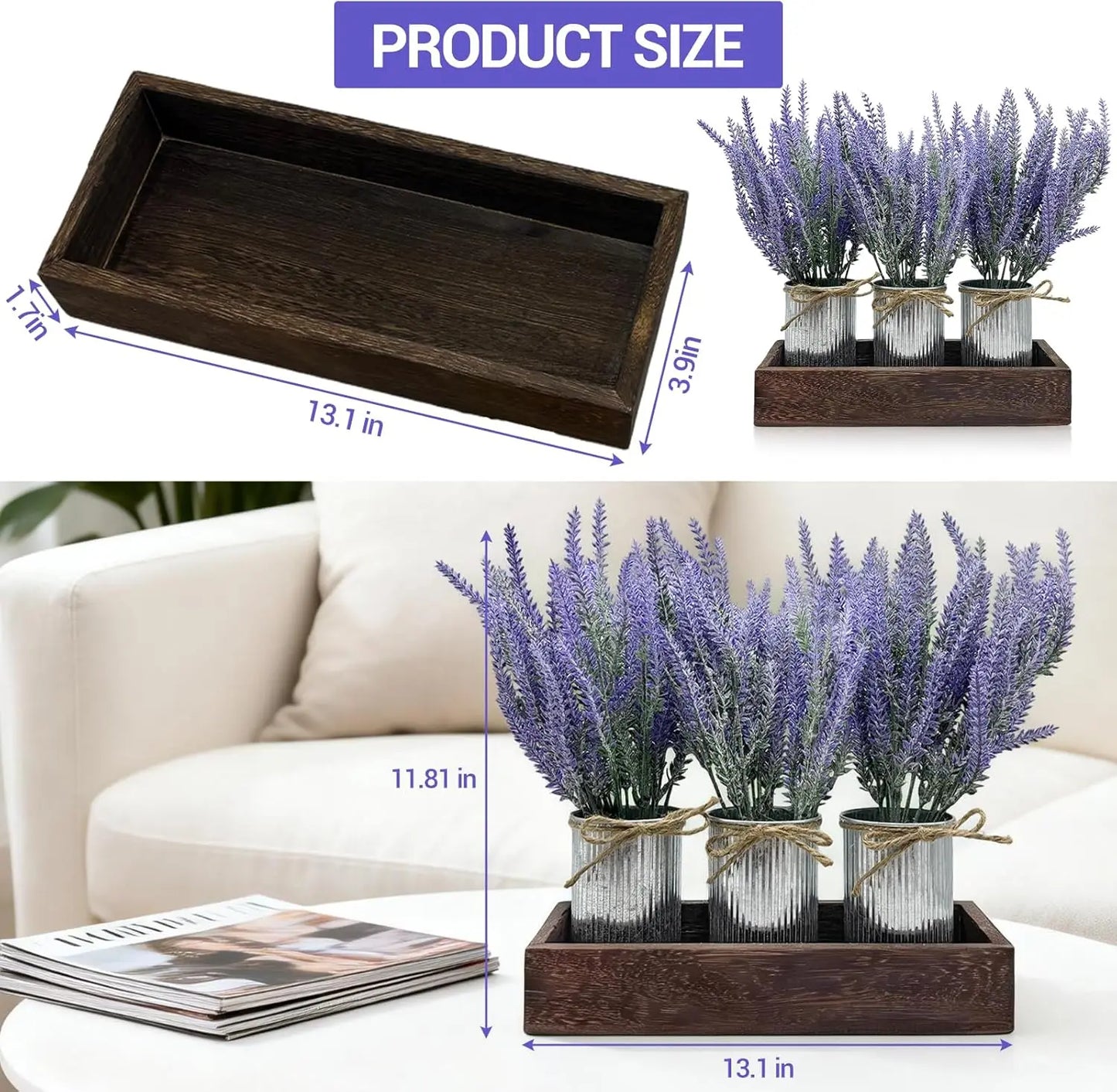 HiMISS Artificial Lavender Flowers With Wood Tray Centerpiece Set