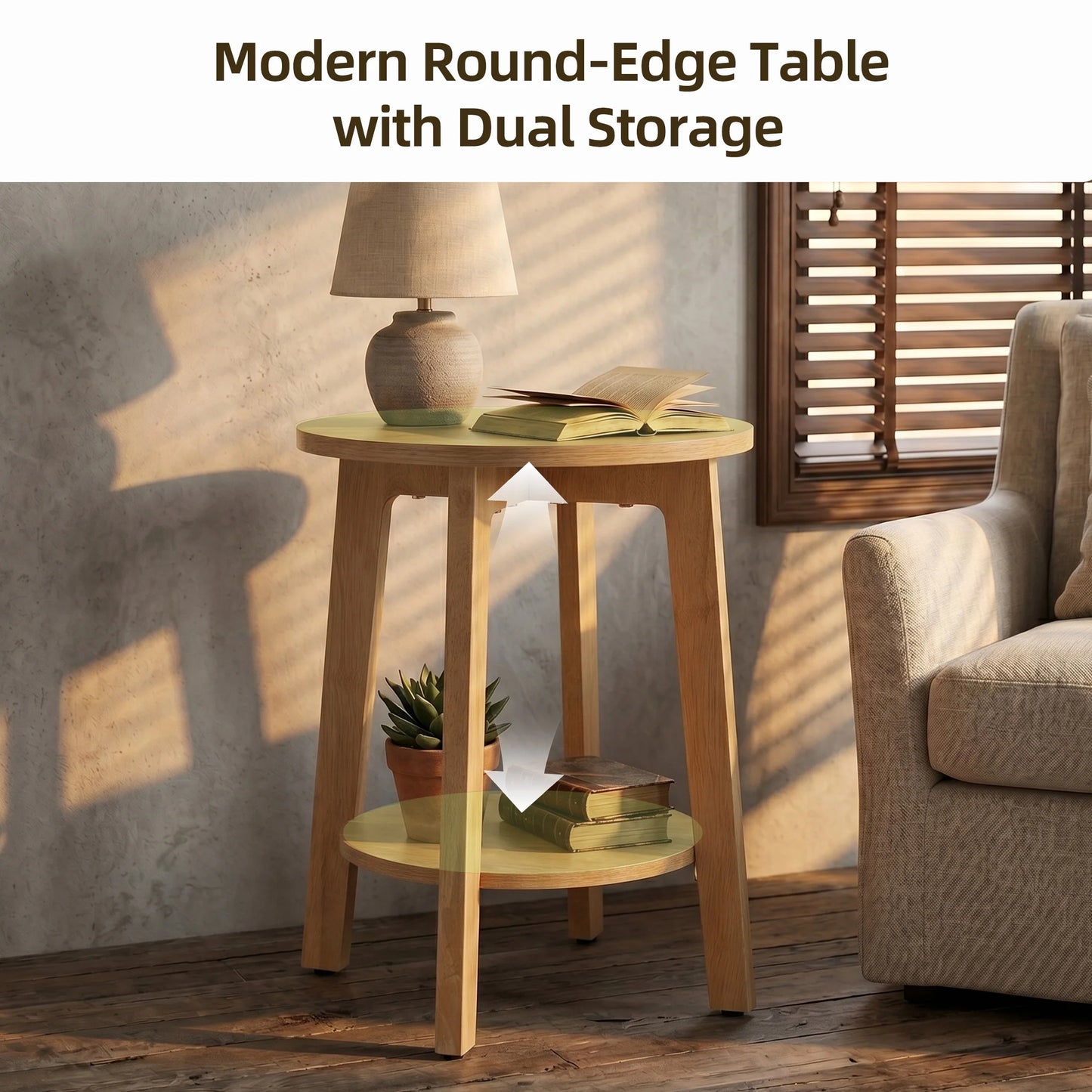 JHK Wood Round Side Table With Two Tier Storage Shelf