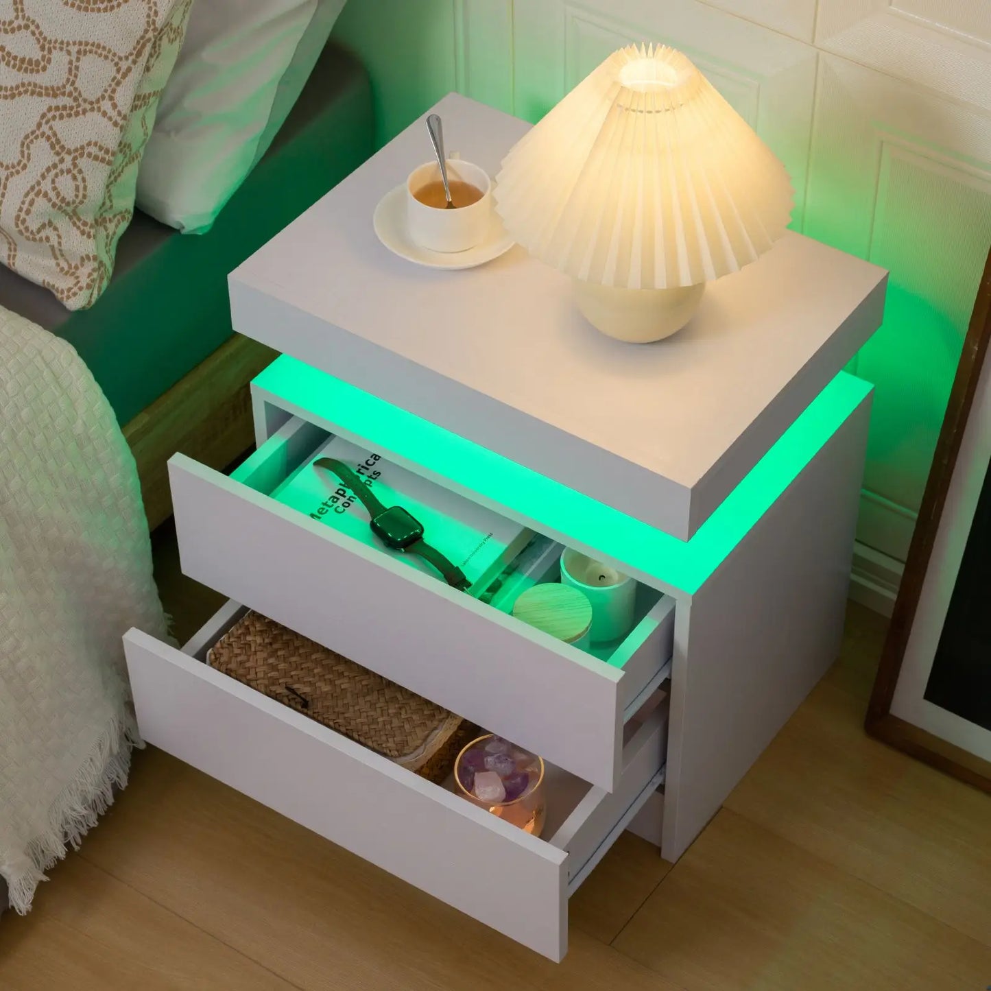 Cubehom LED Nightstand With Dual Drawers And RGB Lighting