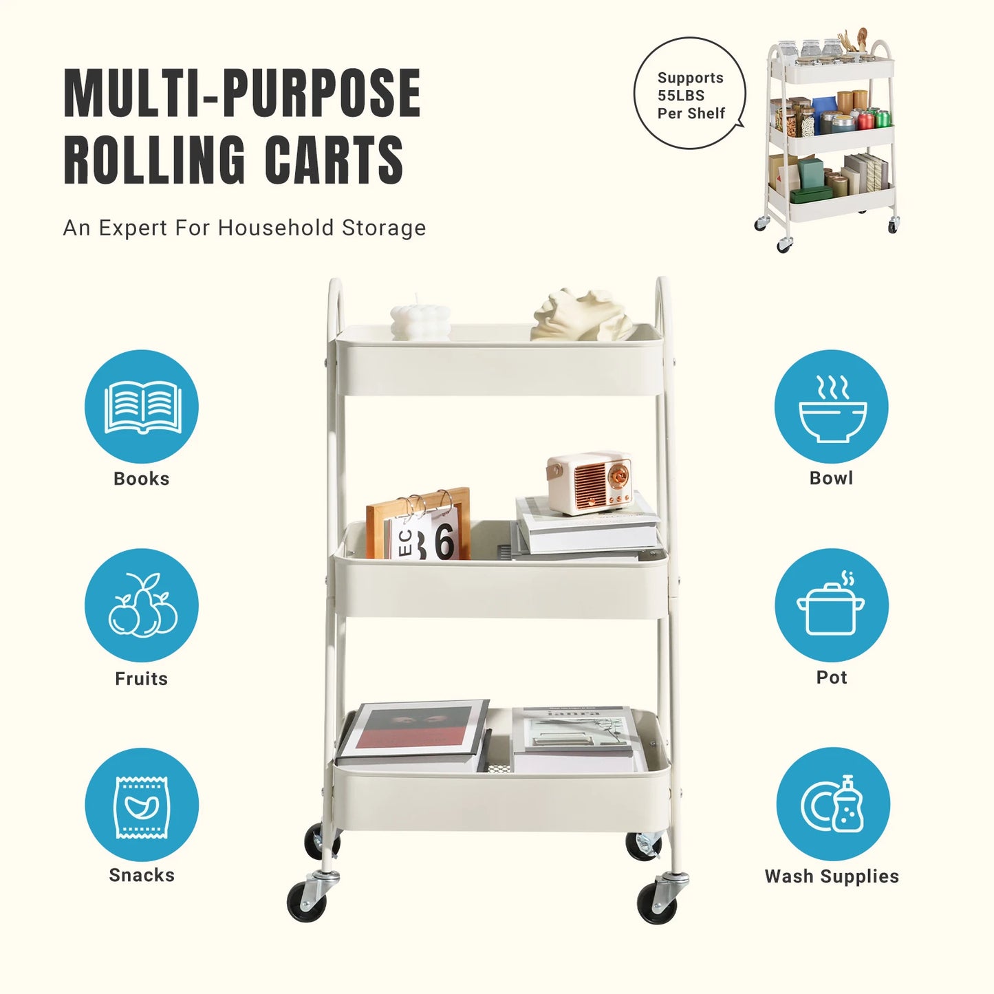 Jhk 3 Tier Rolling Kitchen Storage Cart With Lockable Wheels