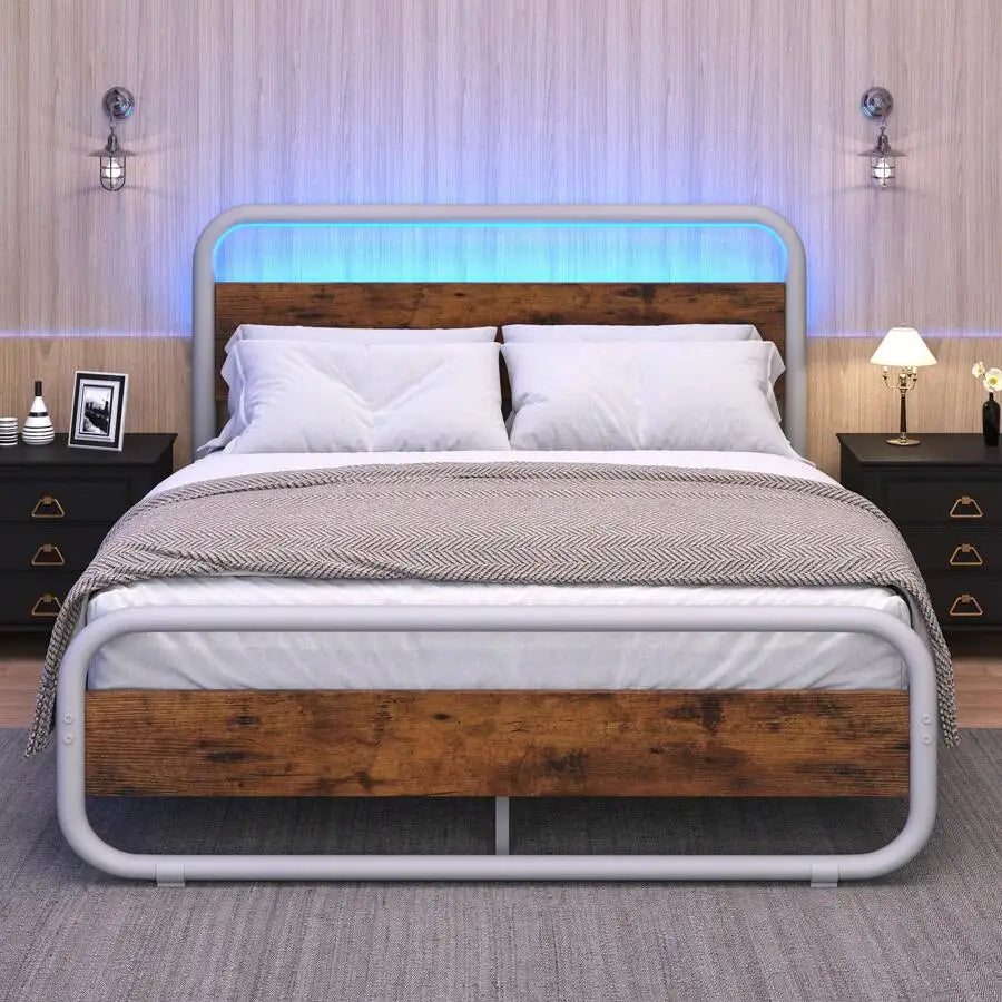 Heavy Duty Metal LED Bed Frame With Headboard And Storage