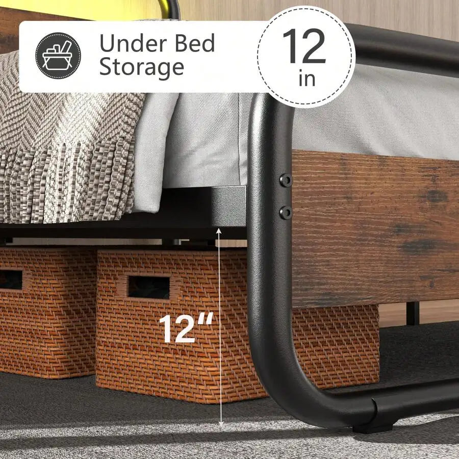 Heavy Duty Metal LED Bed Frame With Headboard And Storage