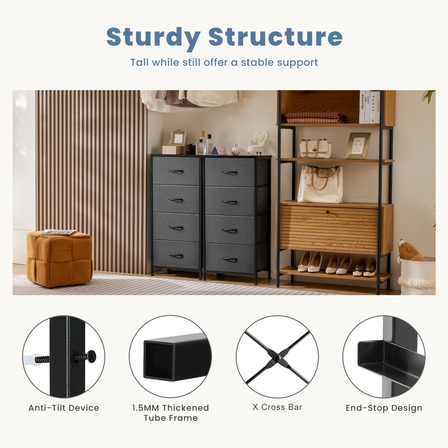 JHK 4 Fabric Drawer Dresser Steel Frame Nightstand Storage Cabinet