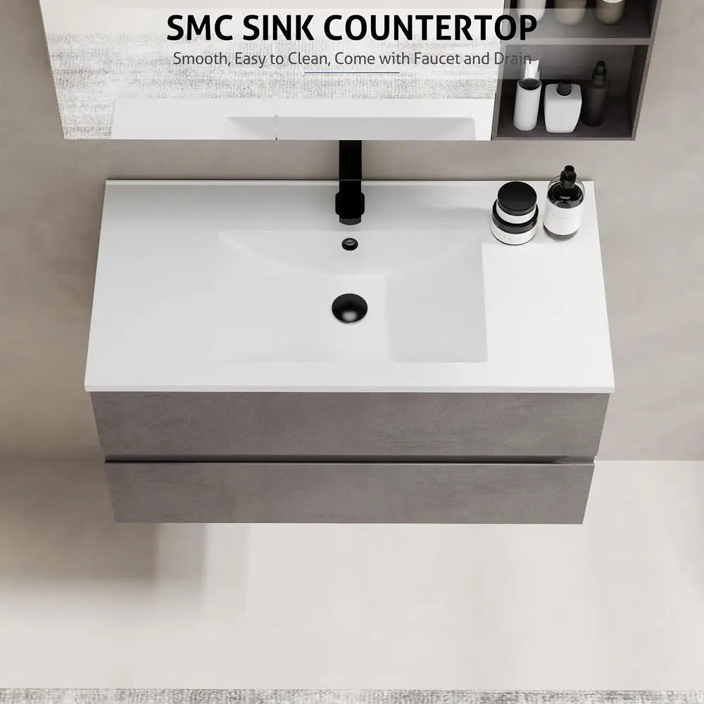 Wood Floating Bathroom Vanity With Concealed Handle Sink Cabinet