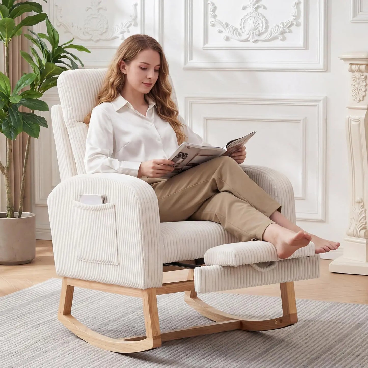 Tufted Corduroy Rocking Chair With Adjustable Footrest And Side Pocket