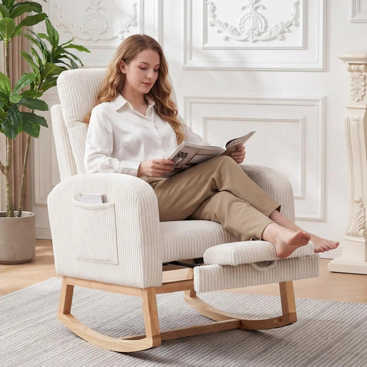 Tufted Corduroy Rocking Chair With Adjustable Footrest And Side Pocket