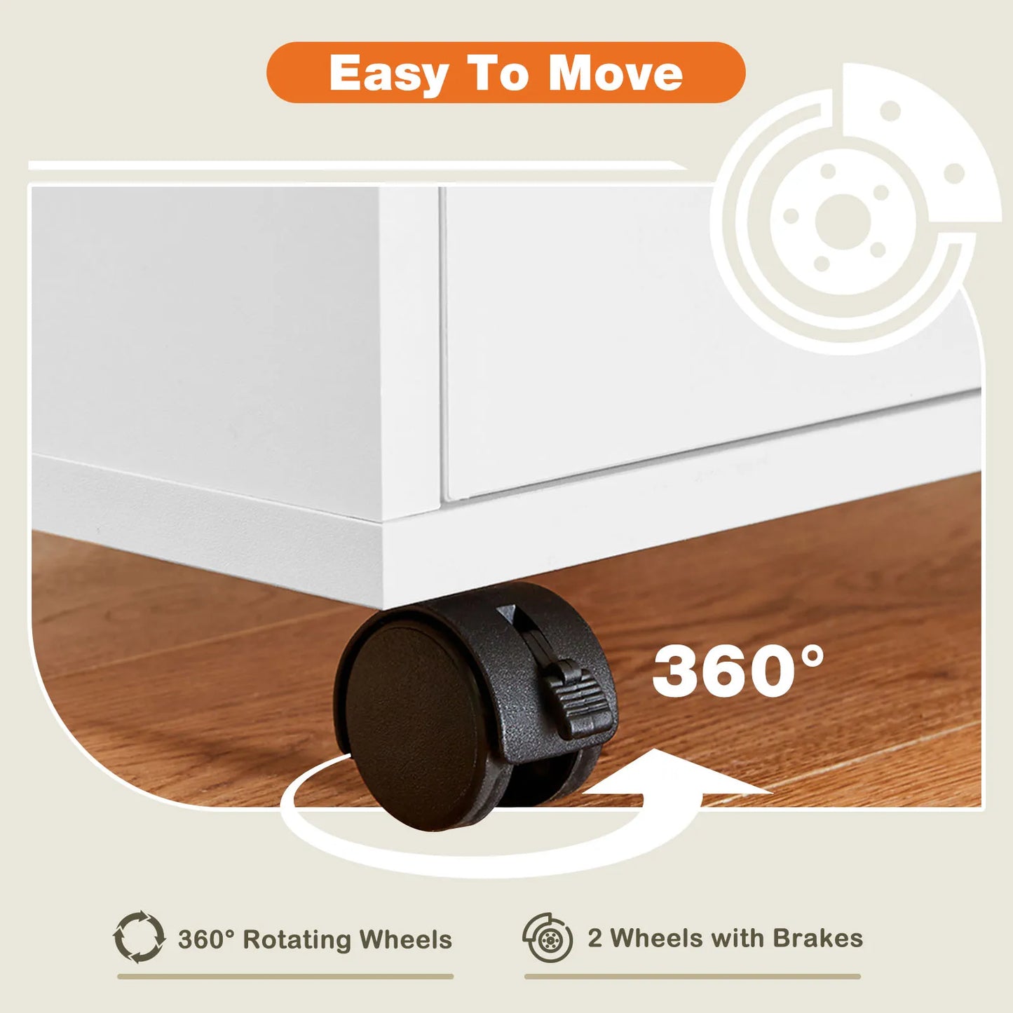 JHK Wood Five Drawer Rolling Nightstand Bedside Table With Storage