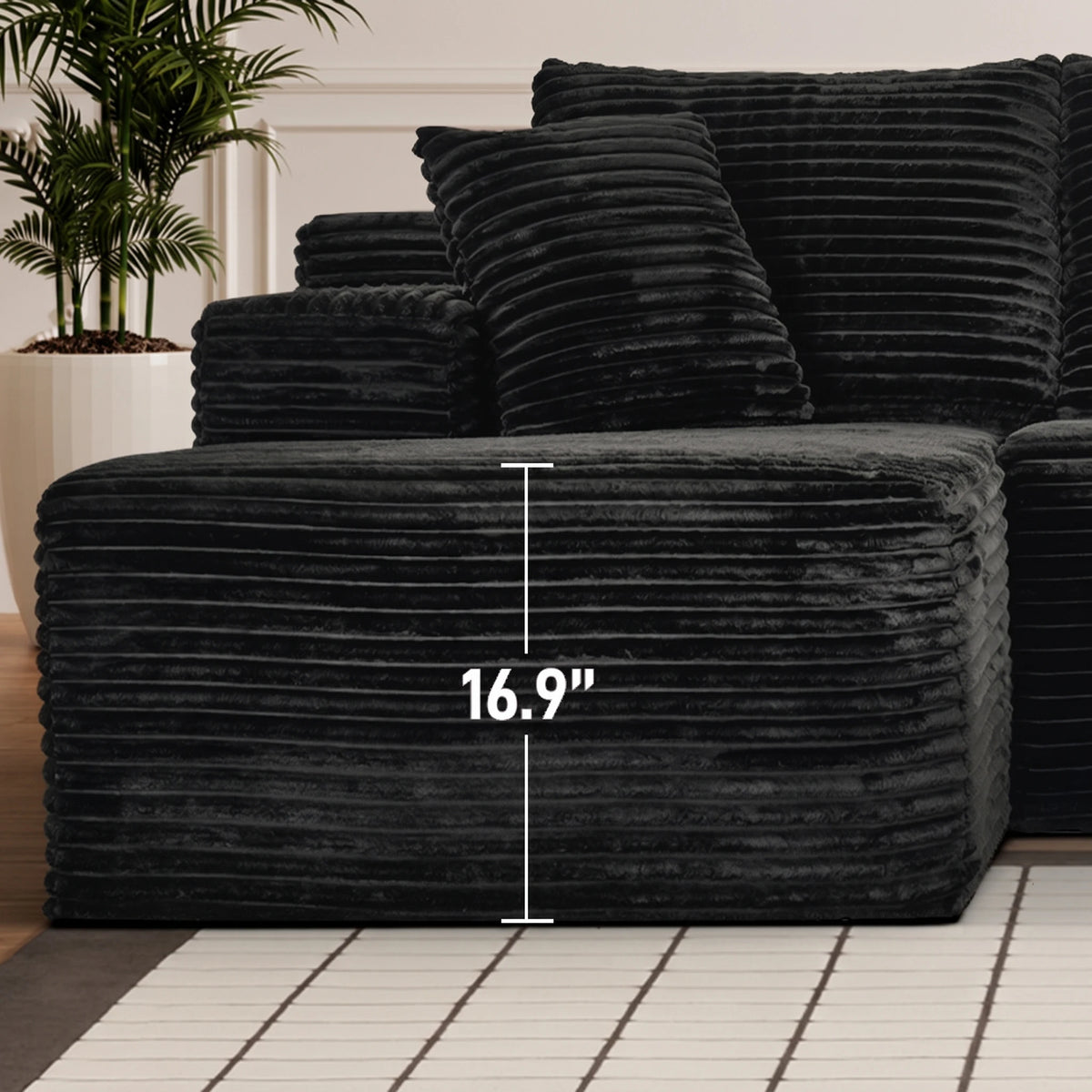 107 Inch L-Shaped Modular Sofa with Recliner and Chaise, Plush Corduroy Cloud Couch Sleeper, No Assembly Deep Seat Sectional for Living Room Apartment, Black