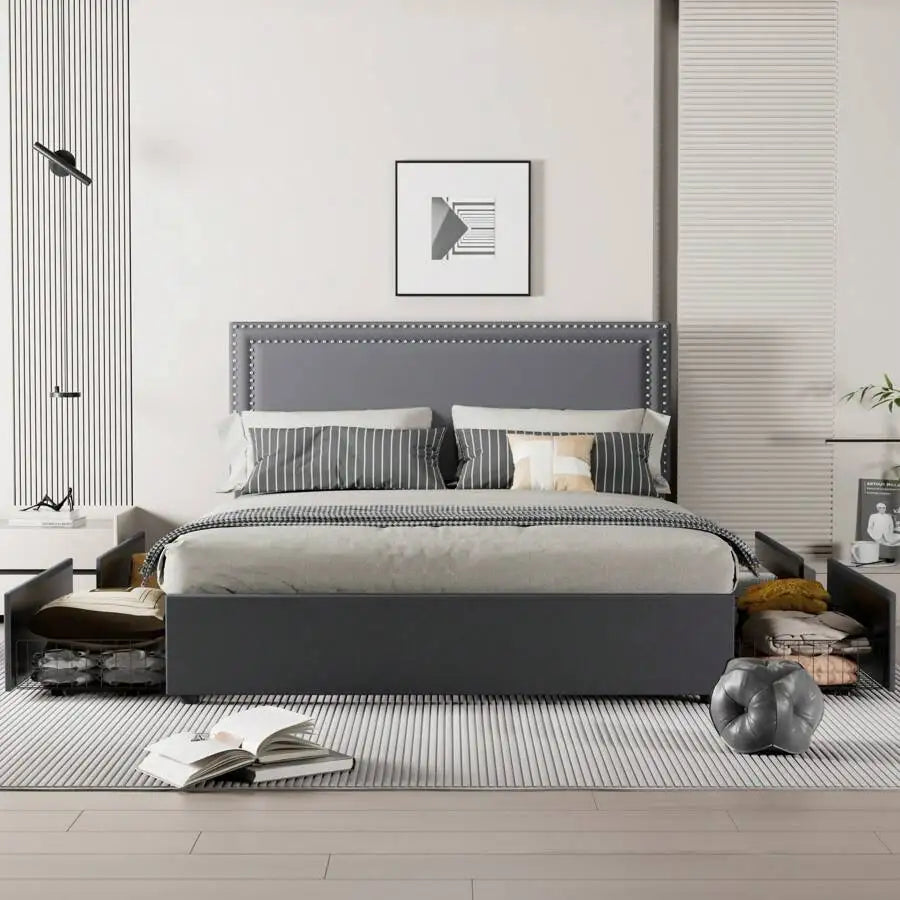 Velvet Upholstered Bed Frame With Four Storage Drawers And Adjustable Headboard