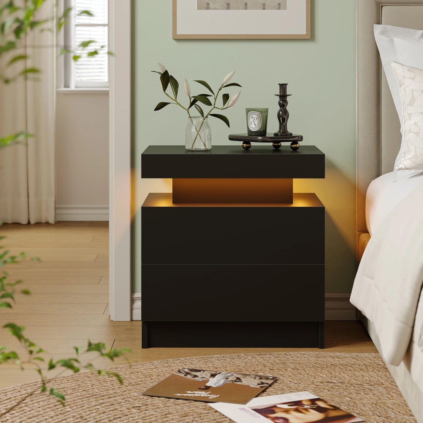 Cubehom LED Nightstand With Dual Drawers And RGB Lighting